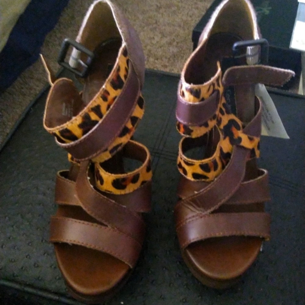 Calvin Klein Jeans leather hair calf high heel sandals, Size 8